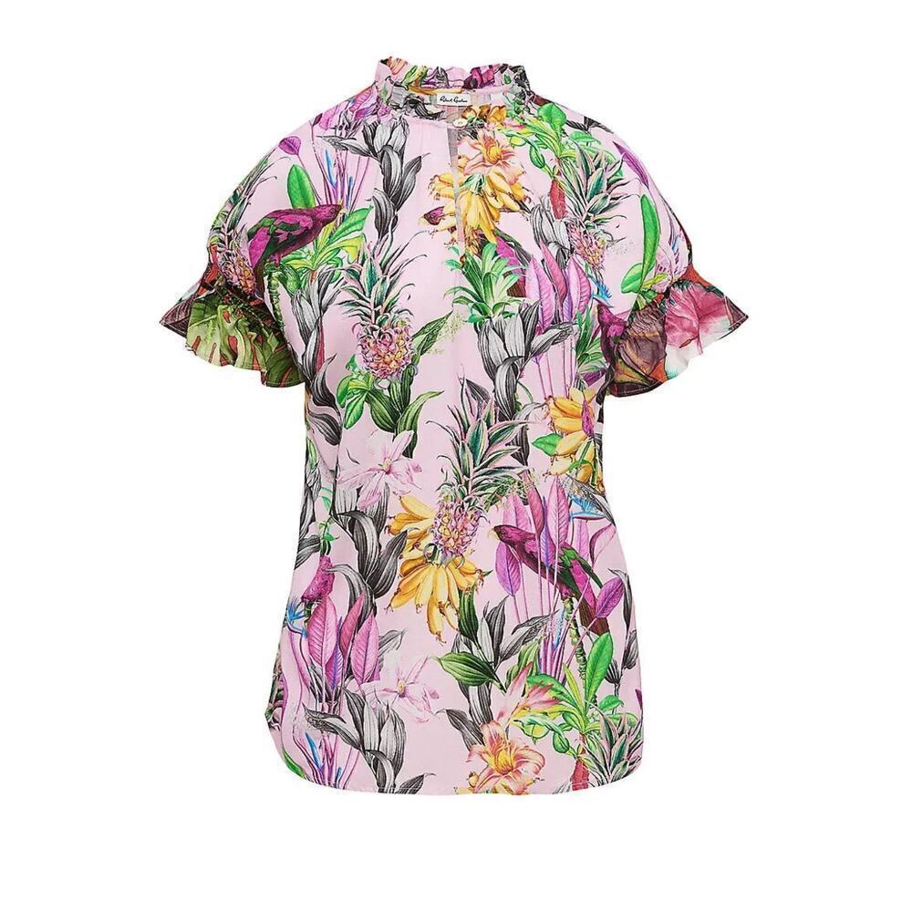 Robert Graham Paige Palm Ruffle-Trim TropicalPrint Keyhole Top size Medium